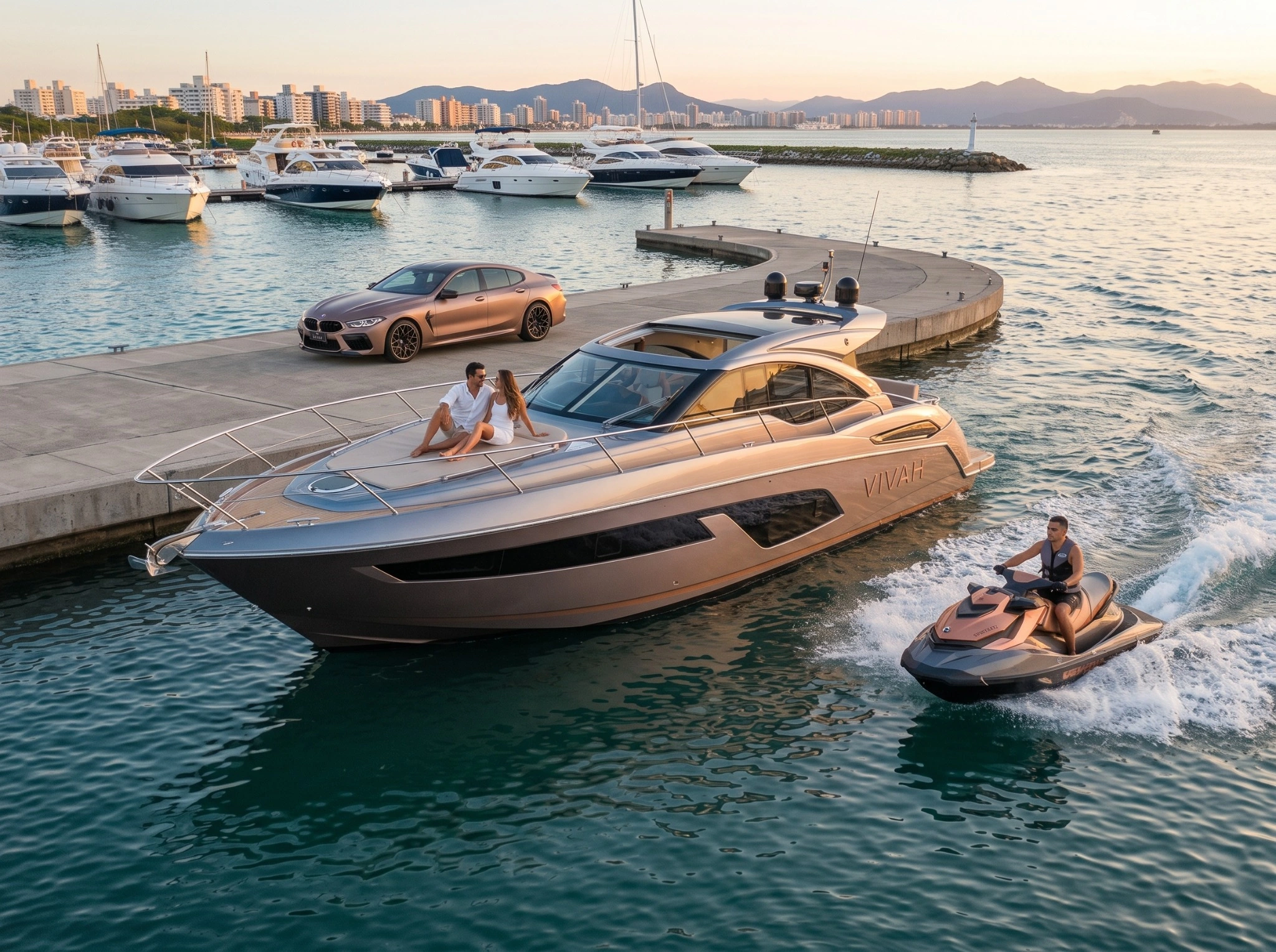 Imagem da VIVAH com lancha, automóvel e jet ski em uma marina ao pôr do sol